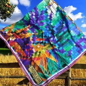 100% Silk Scarf Block Pixel Floral Italy Hand Rolled Hem by Mona Lisa 35"x35"